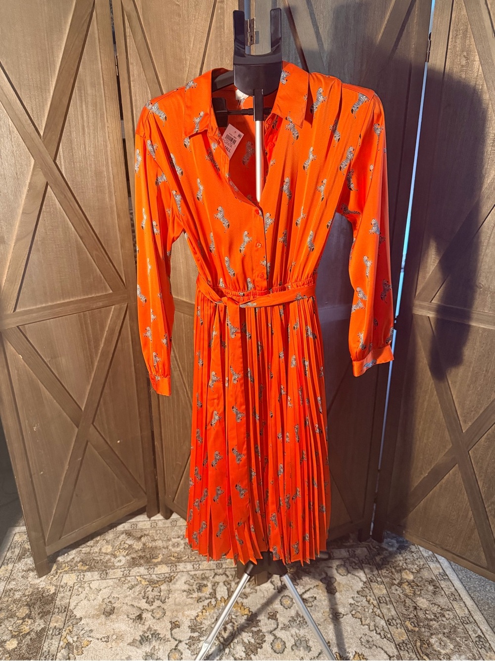 Women’s Orange Long-Sleeve Pleated Shirt Dress with Tie Waist